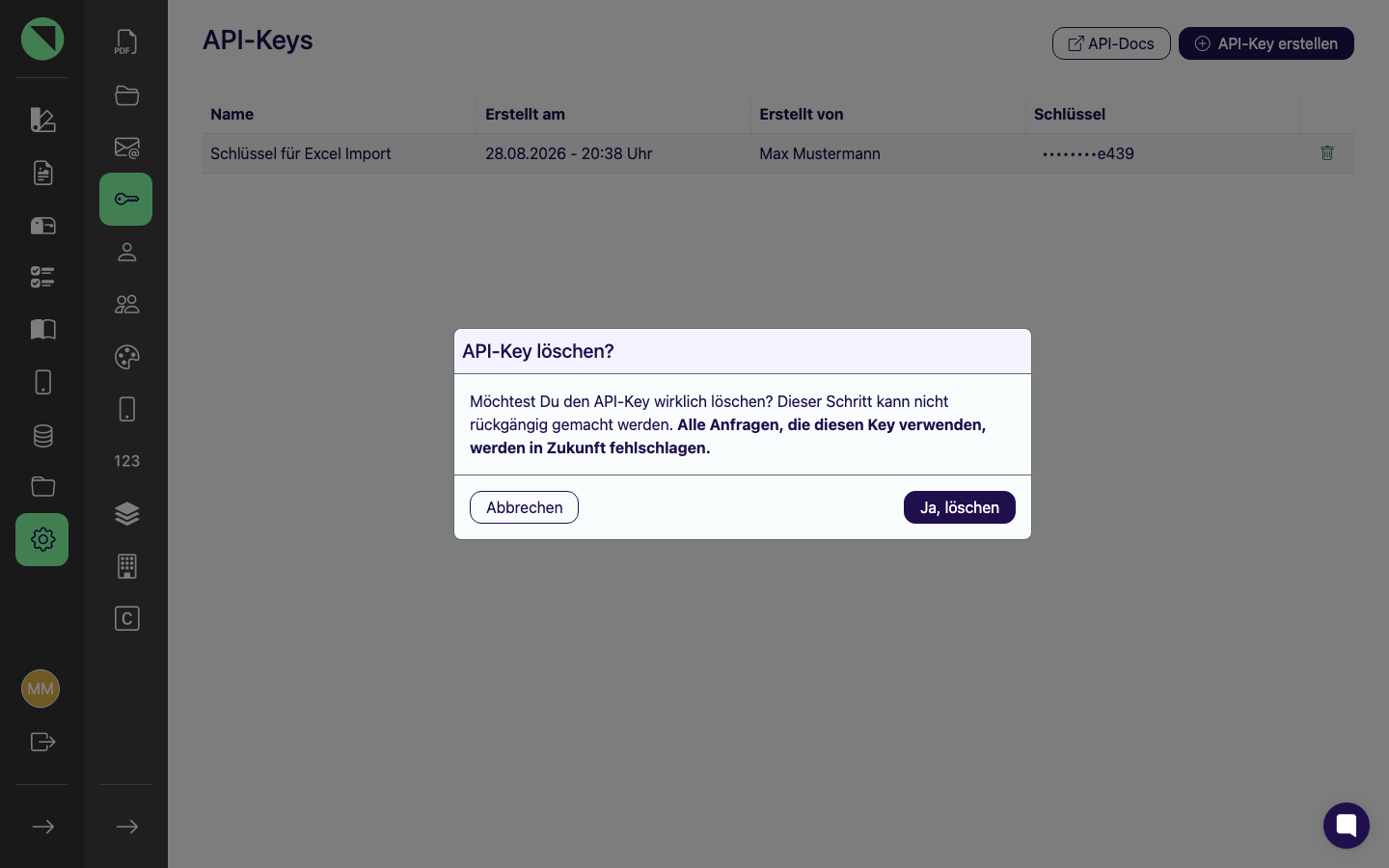 Bestätigungsdialog „API-Key löschen?" mit dem vollständigen Warntext und den Buttons zum Abbrechen und zum Bestätigen mit Ja, löschen