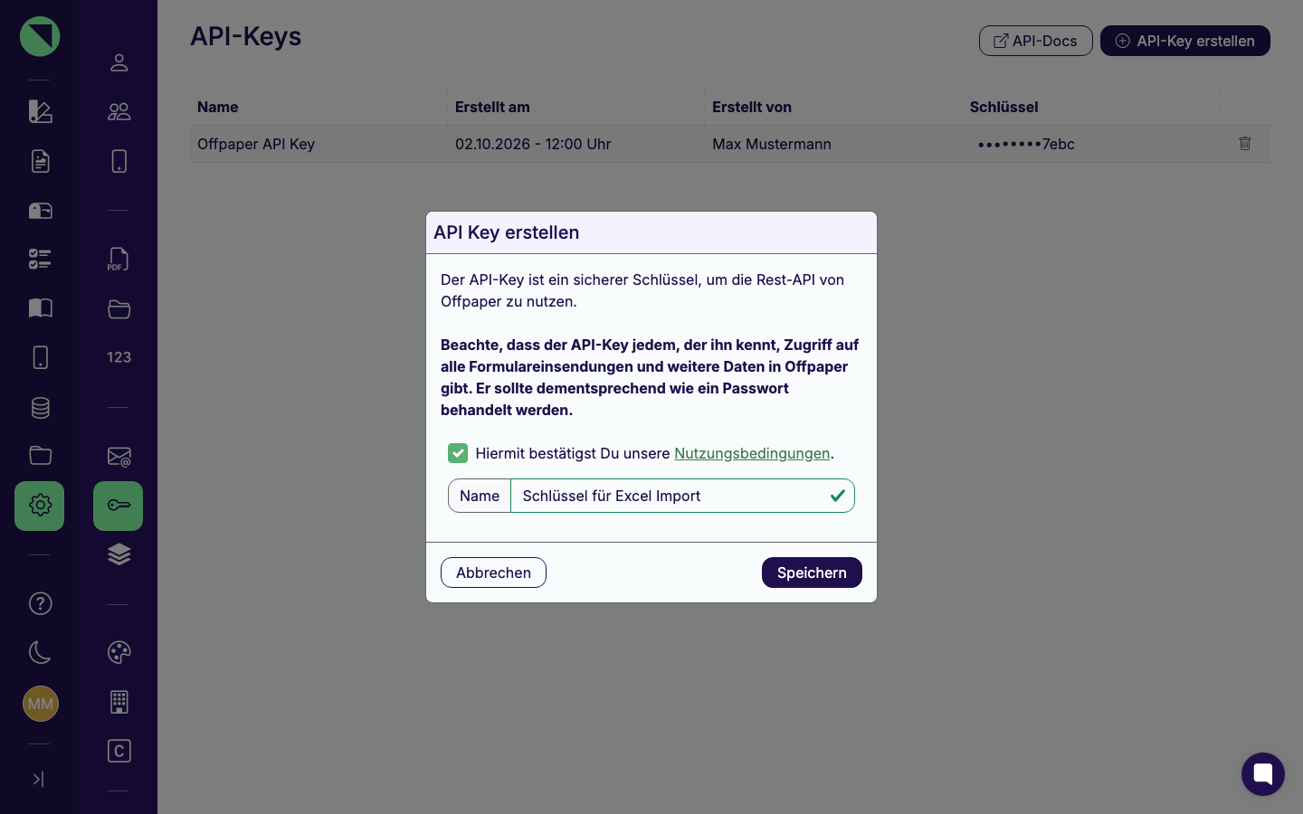 Geöffnetes Modal „API Key erstellen" mit dem vollständigen Sicherheitshinweis, der Checkbox zu den Nutzungsbedingungen und dem ausgefüllten Feld Name