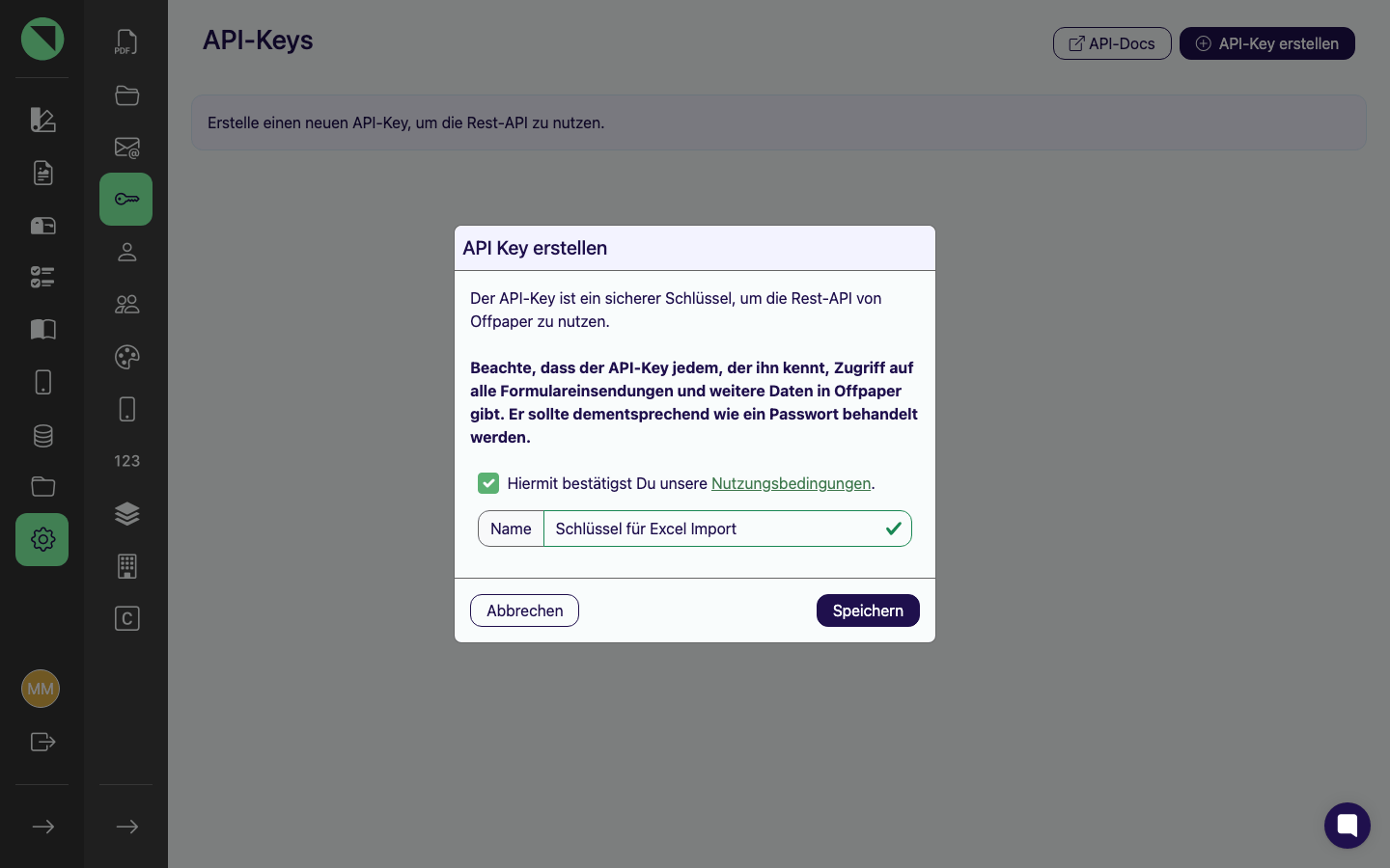 Geöffnetes Modal „API Key erstellen" mit dem vollständigen Sicherheitshinweis, der Checkbox zu den Nutzungsbedingungen und dem ausgefüllten Feld Name