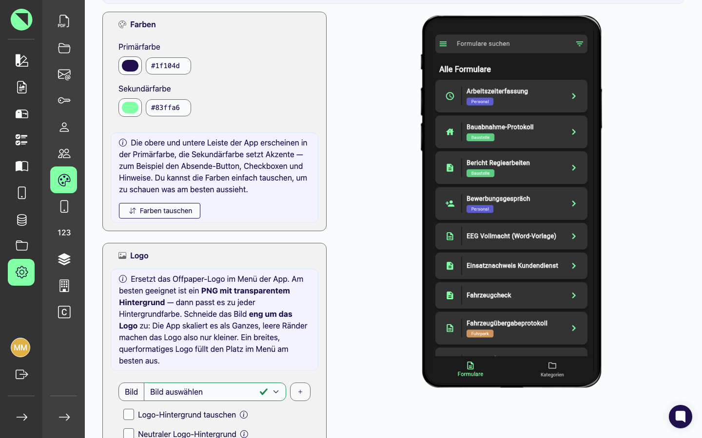 Seite App-Darstellung mit den Farbfeldern für Primär- und Sekundärfarbe samt Hex-Werten, dem Beginn der Logo-Karte und der Handy-Vorschau der App daneben