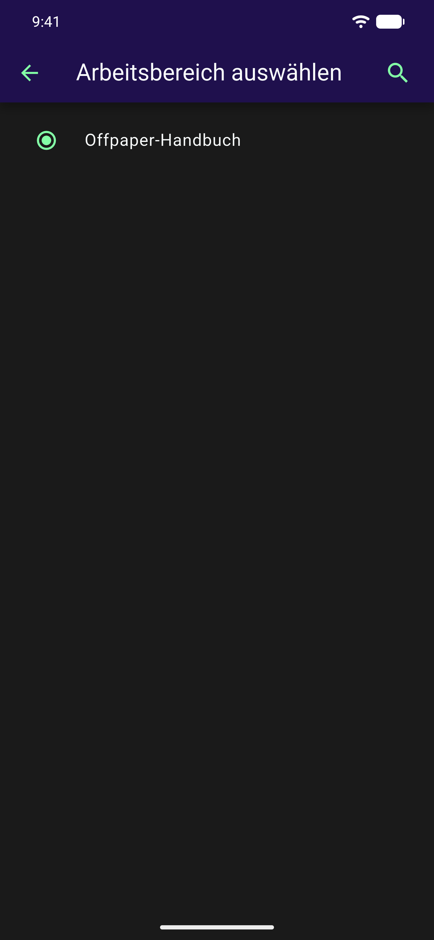 Bildschirm "Arbeitsbereich auswählen" mit Such-Symbol oben rechts und dem aktuellen Arbeitsbereich per Radio-Button markiert