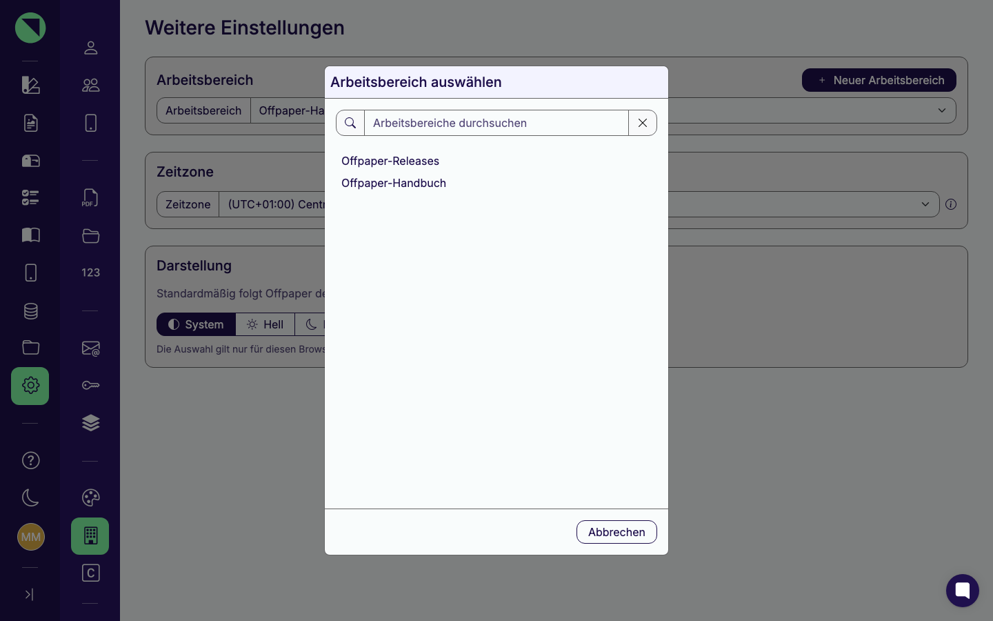Dialog „Arbeitsbereich auswählen" mit Suchfeld „Arbeitsbereiche durchsuchen" und der Liste der Arbeitsbereiche, in denen der angemeldete Benutzer Mitglied ist