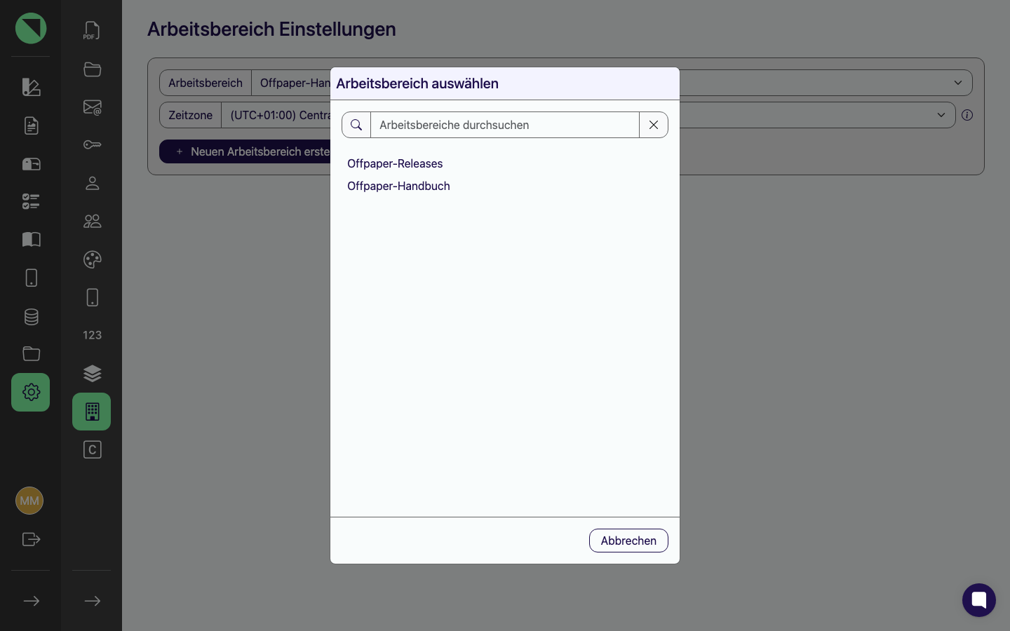 Automatisch geöffnetes Modal „Arbeitsbereich auswählen" mit Suchfeld „Arbeitsbereiche durchsuchen" und der Liste der Arbeitsbereiche, in denen der angemeldete Benutzer Mitglied ist