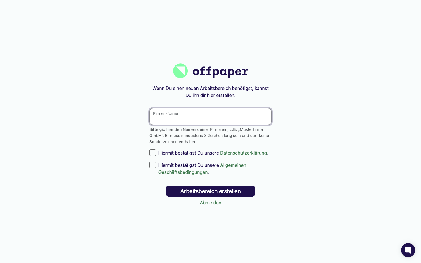 Seite „Arbeitsbereich erstellen" mit dem Feld „Firmen-Name", den Checkboxen zu Datenschutzerklärung und AGB sowie dem Button „Arbeitsbereich erstellen"