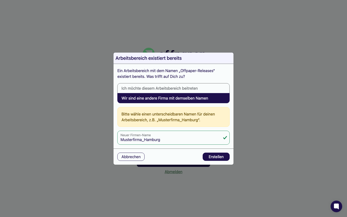 Modal „Arbeitsbereich existiert bereits" mit den Auswahlmöglichkeiten, dem Hinweis auf einen unterscheidbaren Namen und dem eingeblendeten Feld „Neuer Firmen-Name" bei der Option „Wir sind eine andere Firma mit demselben Namen"