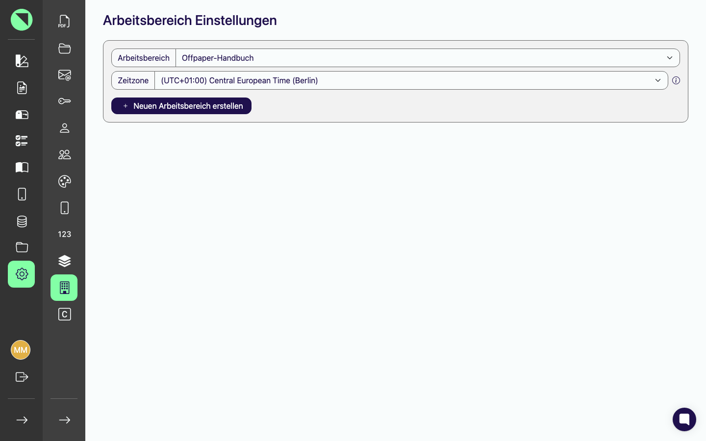 Grundseite „Arbeitsbereich Einstellungen" im Admin-Zustand mit Auswahlfeld „Arbeitsbereich", Auswahlfeld „Zeitzone" und dem Button „Neuen Arbeitsbereich erstellen"