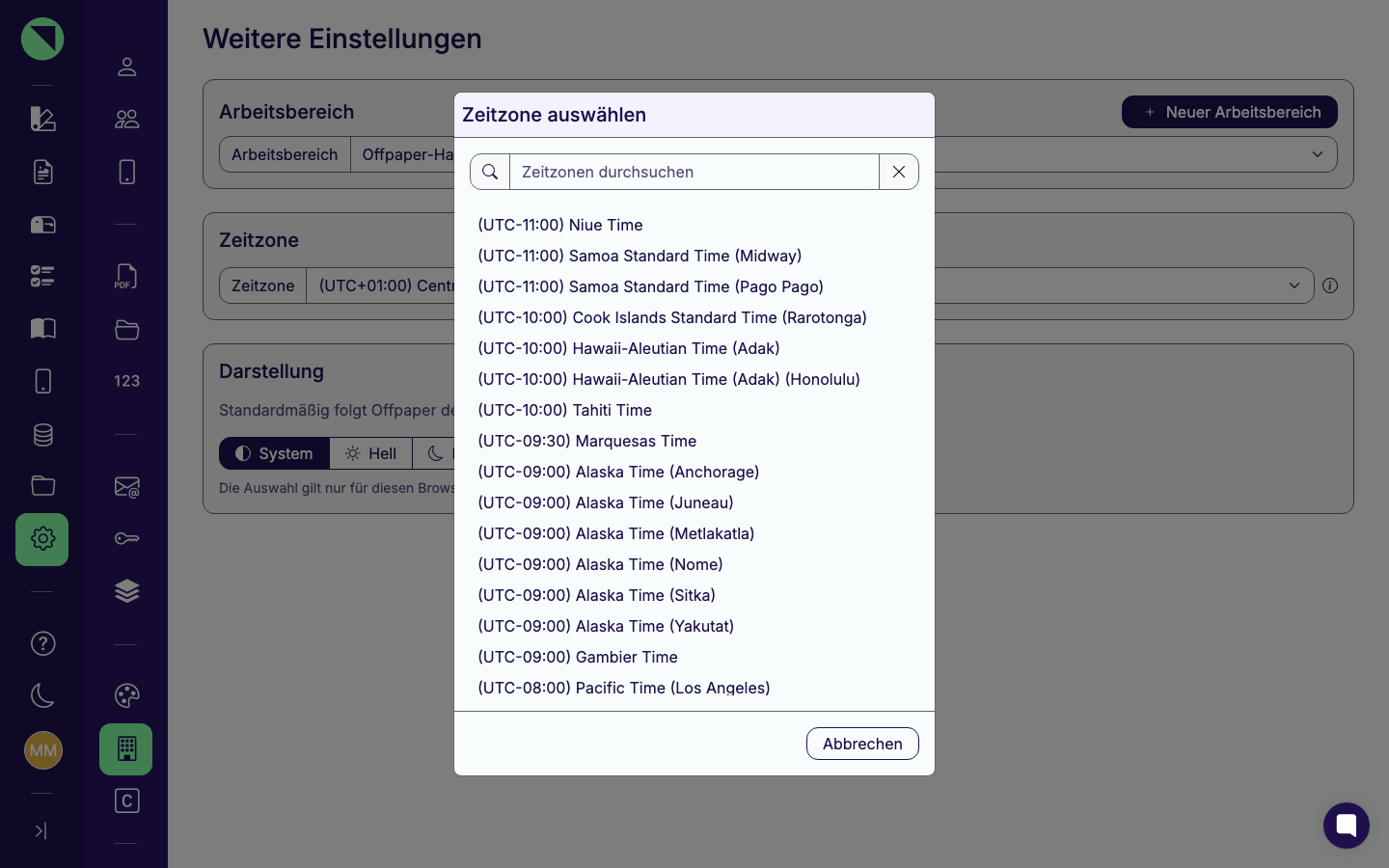 Dialog „Zeitzone auswählen" mit Suchfeld „Zeitzonen durchsuchen" und der Liste der auswählbaren Zeitzonen