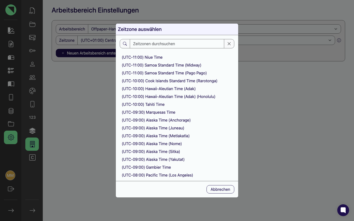 Modal „Zeitzone auswählen" mit Suchfeld „Zeitzonen durchsuchen" und der Liste der auswählbaren Zeitzonen