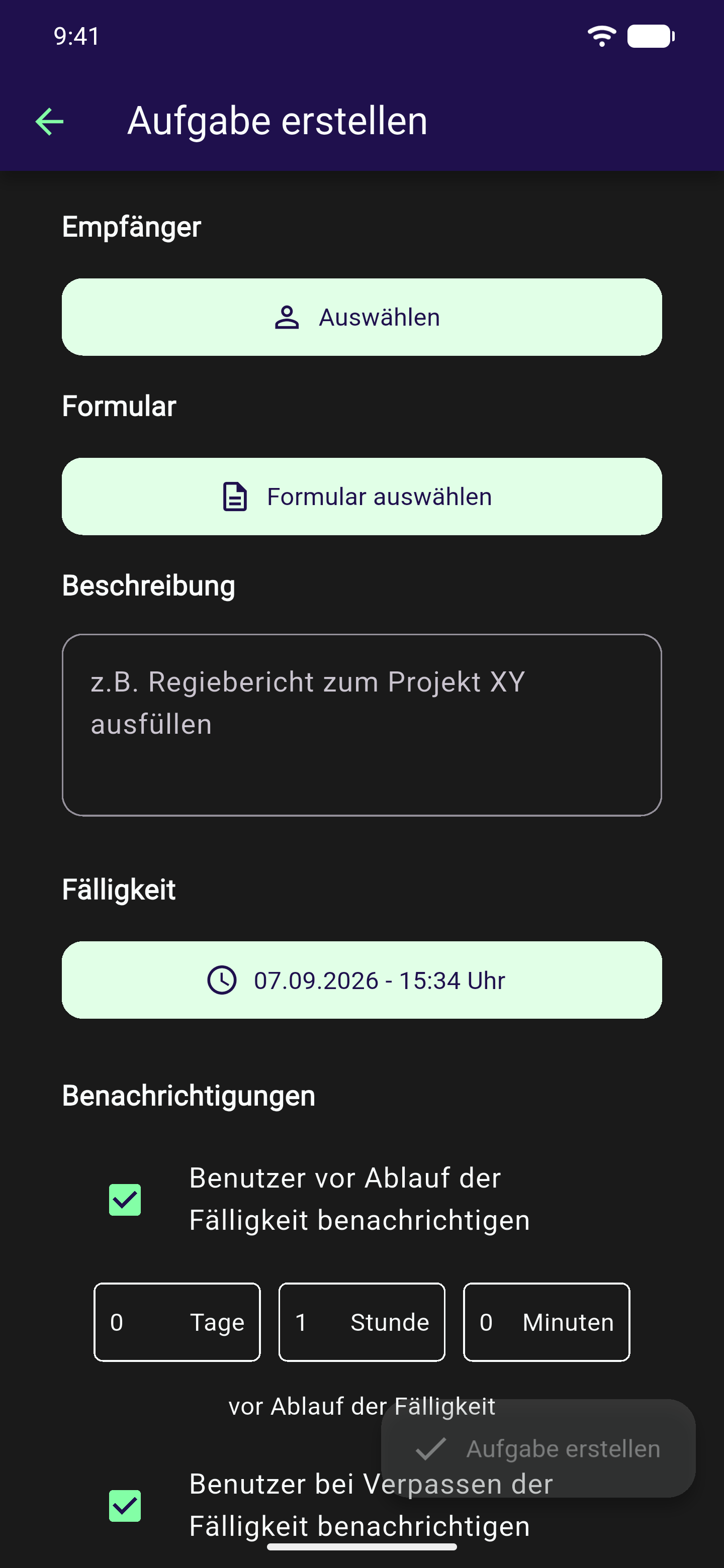 Bildschirm "Aufgabe erstellen" mit den Feldern Empfänger, Formular, Beschreibung und Fälligkeit, den Benachrichtigungs-Optionen sowie dem Button Aufgabe erstellen unten rechts