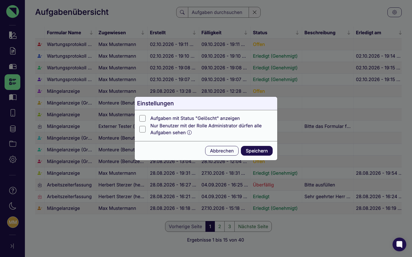 Dialog Einstellungen der Aufgabenübersicht mit den Checkboxen für gelöschte Aufgaben und die Administrator-Sichtbarkeit sowie den Buttons Abbrechen und Speichern