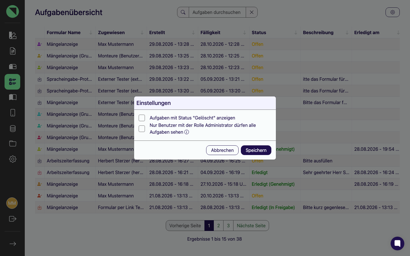Dialog Einstellungen der Aufgabenübersicht mit den Checkboxen für gelöschte Aufgaben und die Administrator-Sichtbarkeit sowie den Buttons Abbrechen und Speichern
