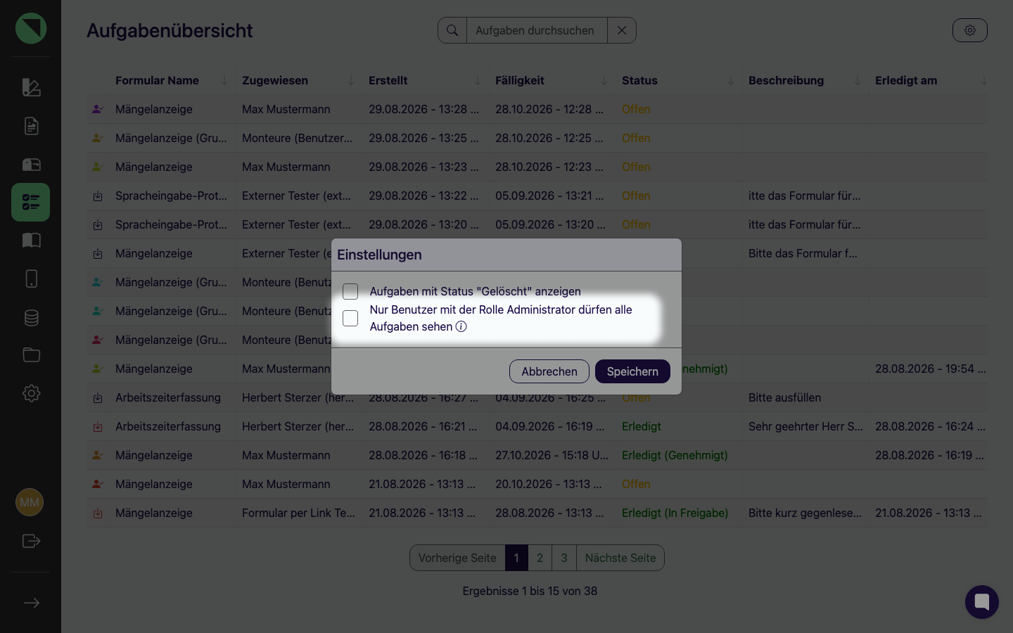 Dialog Einstellungen über der Aufgabenübersicht, hervorgehoben ist die neue Option Nur Benutzer mit der Rolle Administrator dürfen alle Aufgaben sehen