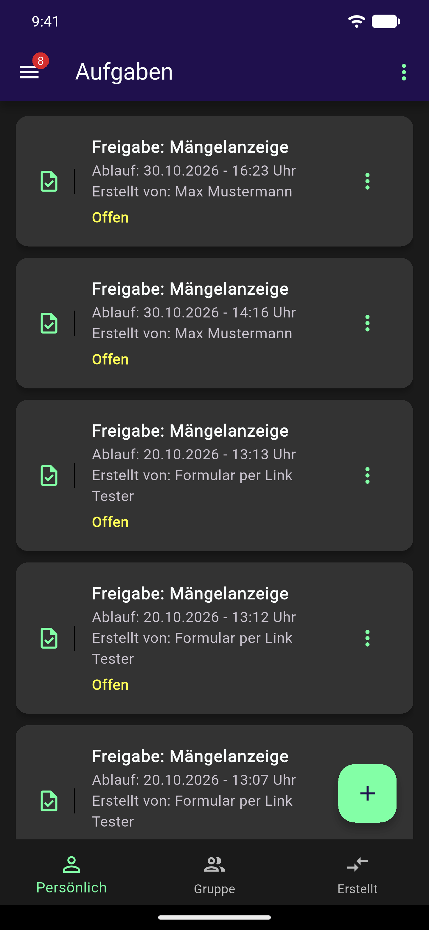 Bereich Aufgaben mit den drei Reitern Persönlich, Gruppe und Erstellt unten, im Reiter Persönlich eine Revisionsaufgabe "Revision: Mängelanzeige" mit Status Überfällig
