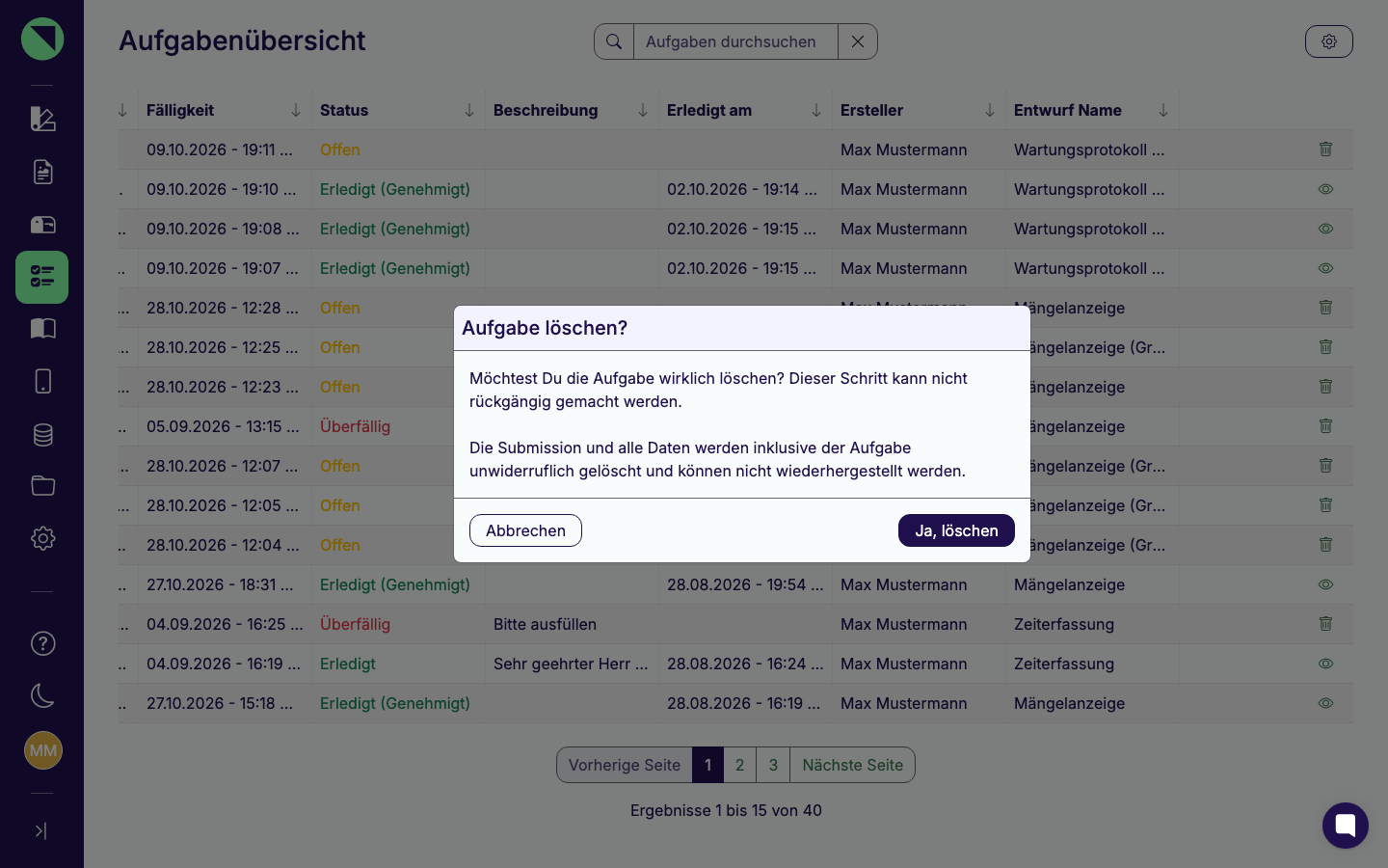 Dialog „Aufgabe löschen?" mit Warntext und den Buttons Abbrechen und Ja, löschen