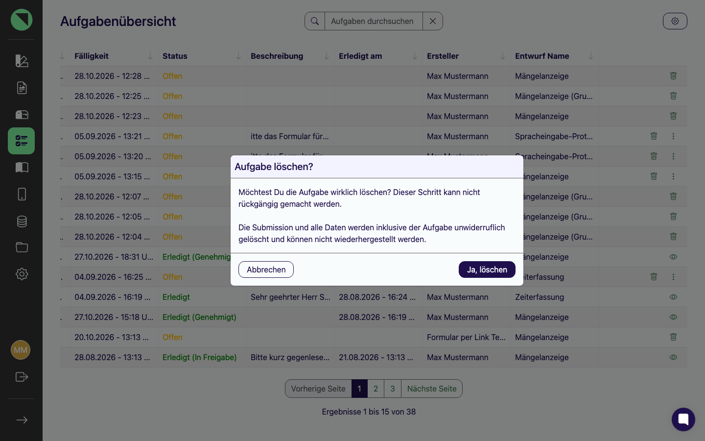 Dialog „Aufgabe löschen?" mit Warntext und den Buttons Abbrechen und Ja, löschen