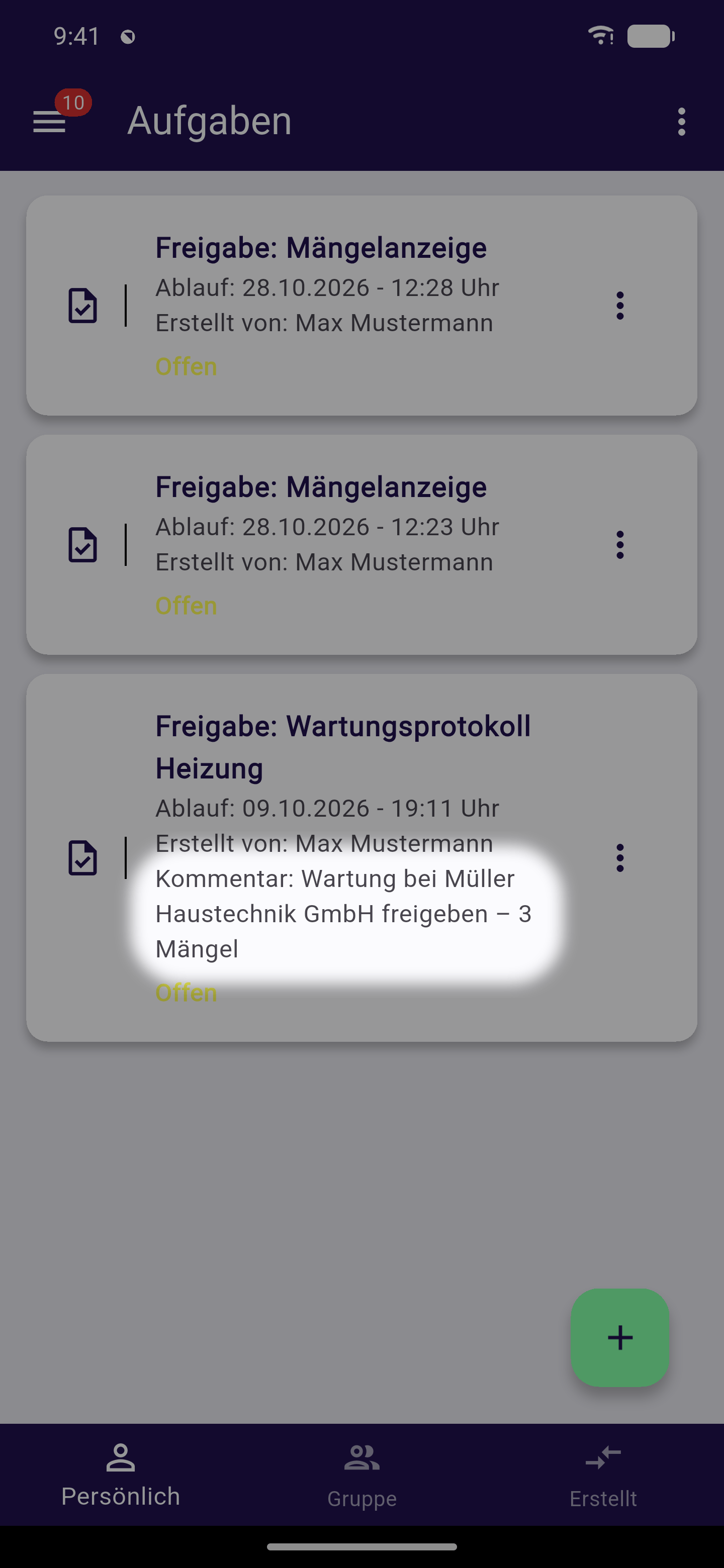 Aufgabenliste im Reiter Persönlich: zwei Freigabe-Karten ohne Kommentar und darunter die Karte Freigabe: Wartungsprotokoll Heizung mit Ablauf, Ersteller und der hervorgehobenen Zeile Kommentar: Wartung bei Müller Haustechnik GmbH freigeben – 3 Mängel, in der die Platzhalter bereits durch die Werte der Einsendung ersetzt sind