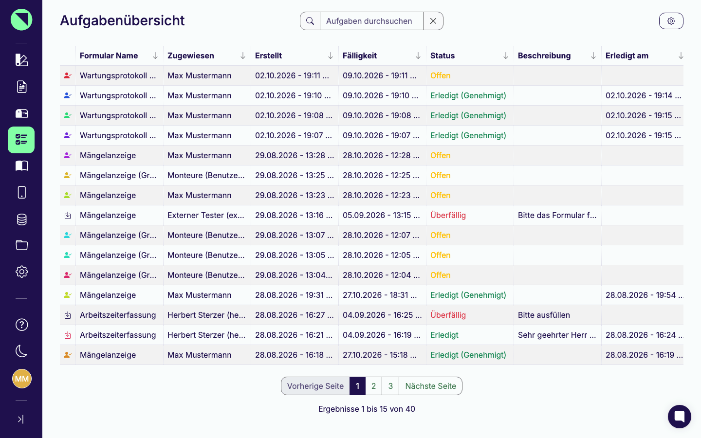 Aufgabenübersicht mit Suchfeld, Zahnrad-Symbol für die Einstellungen und der Tabelle mit den Spalten Formular Name, Zugewiesen, Erstellt, Fälligkeit, Status, Beschreibung, Erledigt am, Ersteller und Entwurf Name, mit Beispielen für die Status Offen, Erledigt (Revision), Erledigt (Genehmigt) und Überfällig