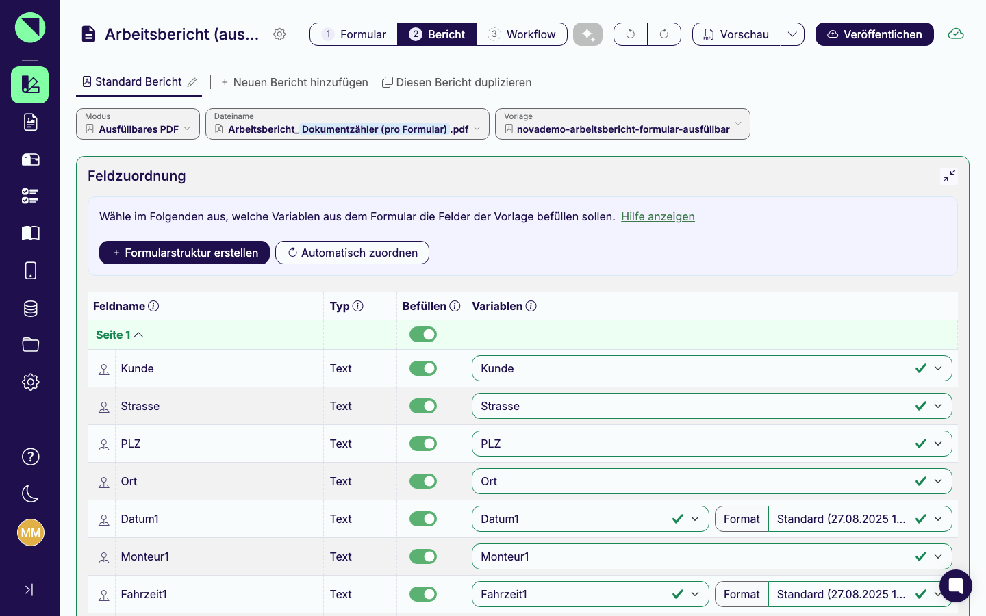 Ausfüllbares-PDF-Modus des Formulars Arbeitsbericht: Einstellungsleiste mit den Feldern Modus, Dateiname und Vorlage, darunter die Karte Feldzuordnung mit den Buttons „Formularstruktur erstellen" und „Automatisch zuordnen" und der Tabelle mit den Spalten Feldname, Typ, Befüllen und Variablen