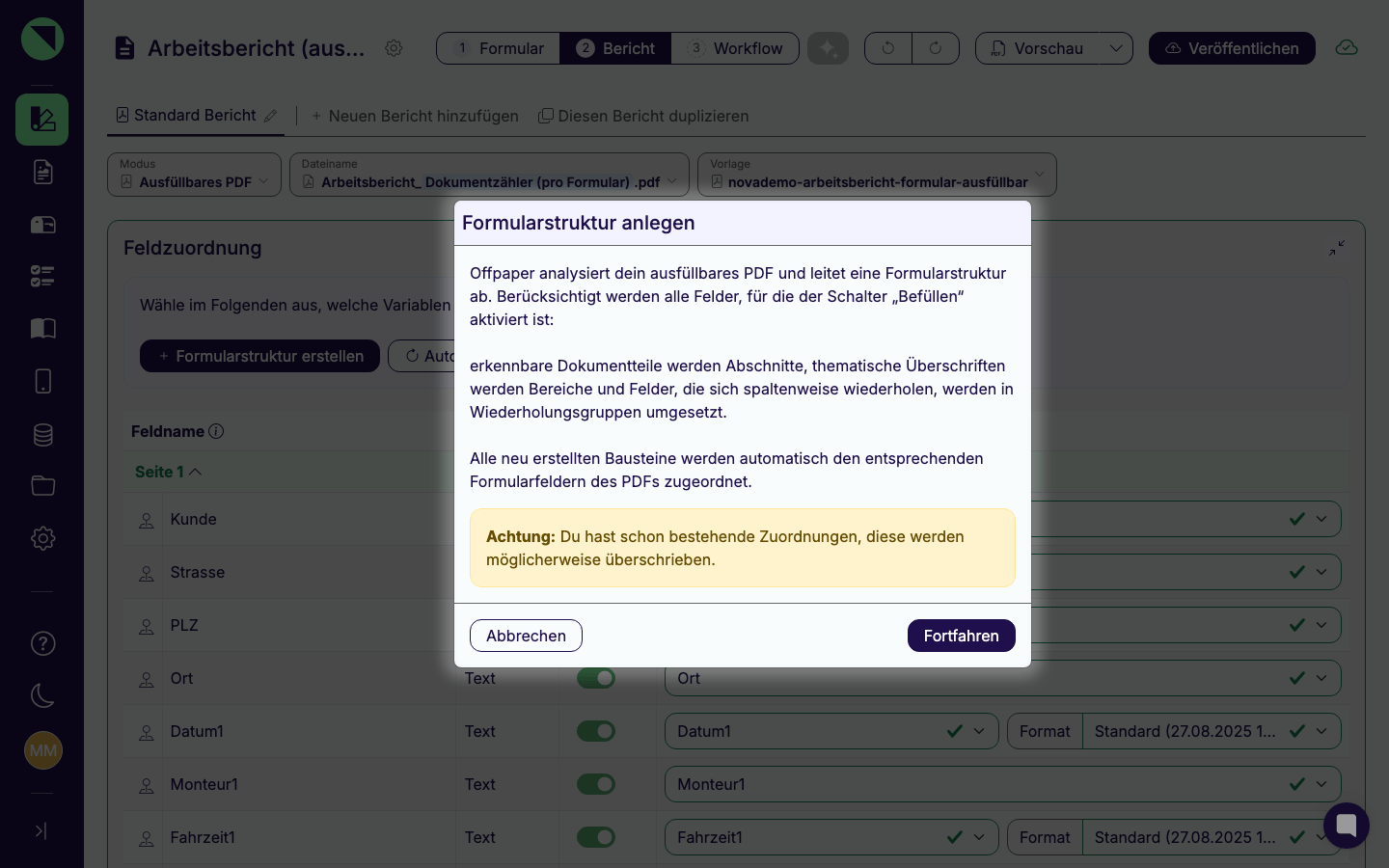 Dialog "Formularstruktur anlegen" mit der Erklärung, wie Offpaper Abschnitte, Bereiche und Wiederholungsgruppen aus den Feldnamen ableitet, der Warnung zu bestehenden Zuordnungen und den Buttons Fortfahren und Abbrechen
