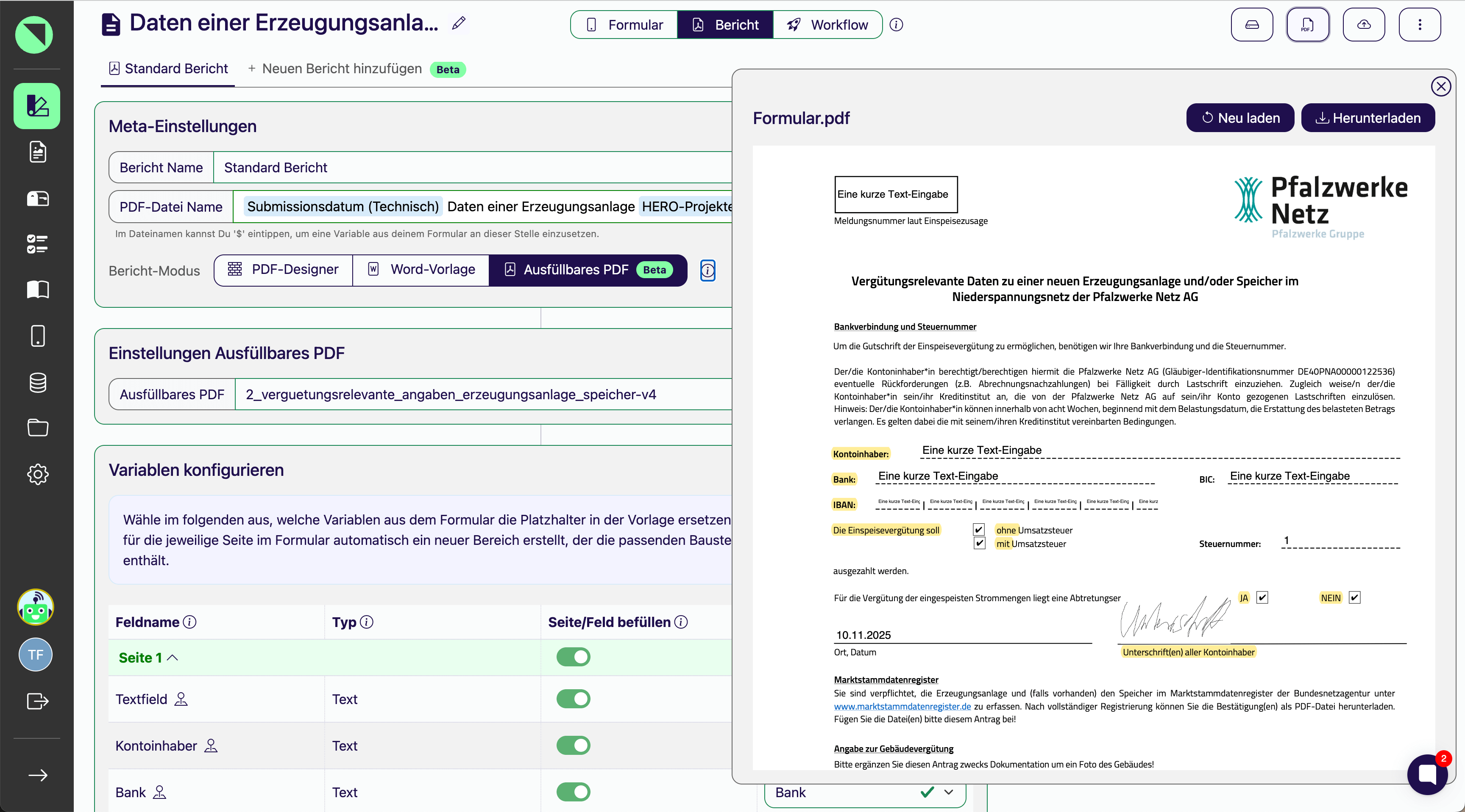 Bericht-Designer im Bericht-Modus Ausfüllbares PDF: links die Liste der PDF-Formularfelder mit ihren Typen und Schaltern zum Befüllen, rechts die Vorschau des hochgeladenen behördlichen PDF-Formulars