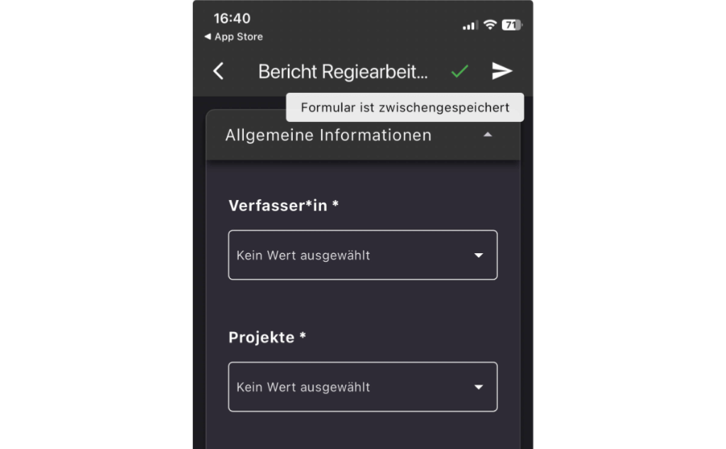 Formular in der Offpaper App mit dem eingeblendeten Hinweis, dass das Formular zwischengespeichert ist, darunter die noch leeren Felder Verfasser und Projekte
