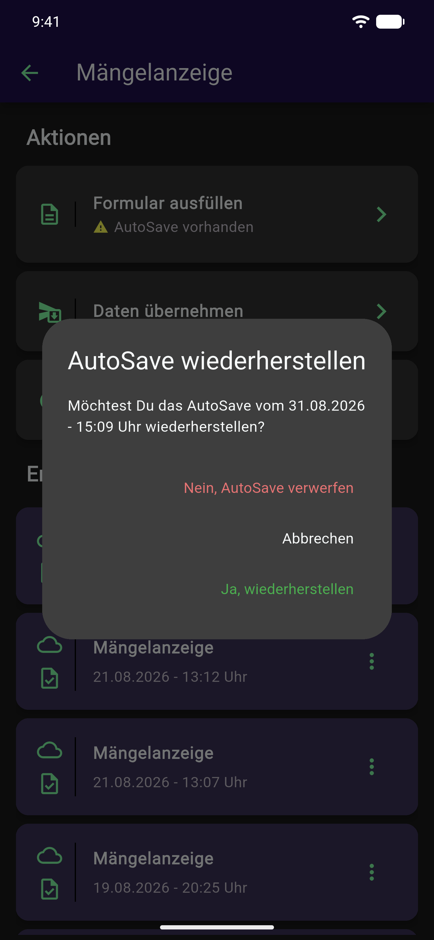 Dialog "AutoSave wiederherstellen" mit Datum und Uhrzeit des gesicherten Stands und den Optionen Nein AutoSave verwerfen, Abbrechen und Ja wiederherstellen
