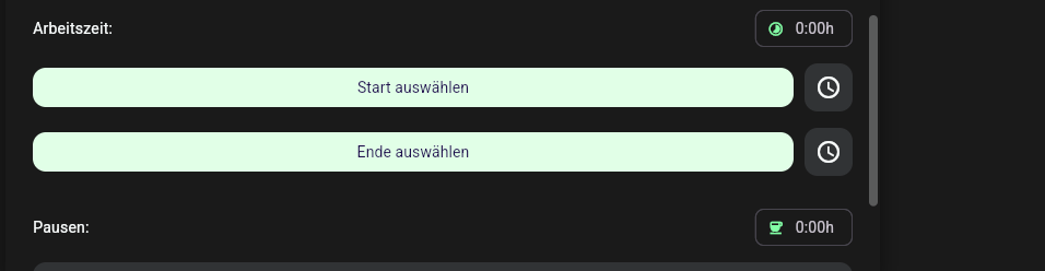 Baustein Arbeitszeit beim Ausfüllen in der App-Webansicht mit Von, Bis und Pausen