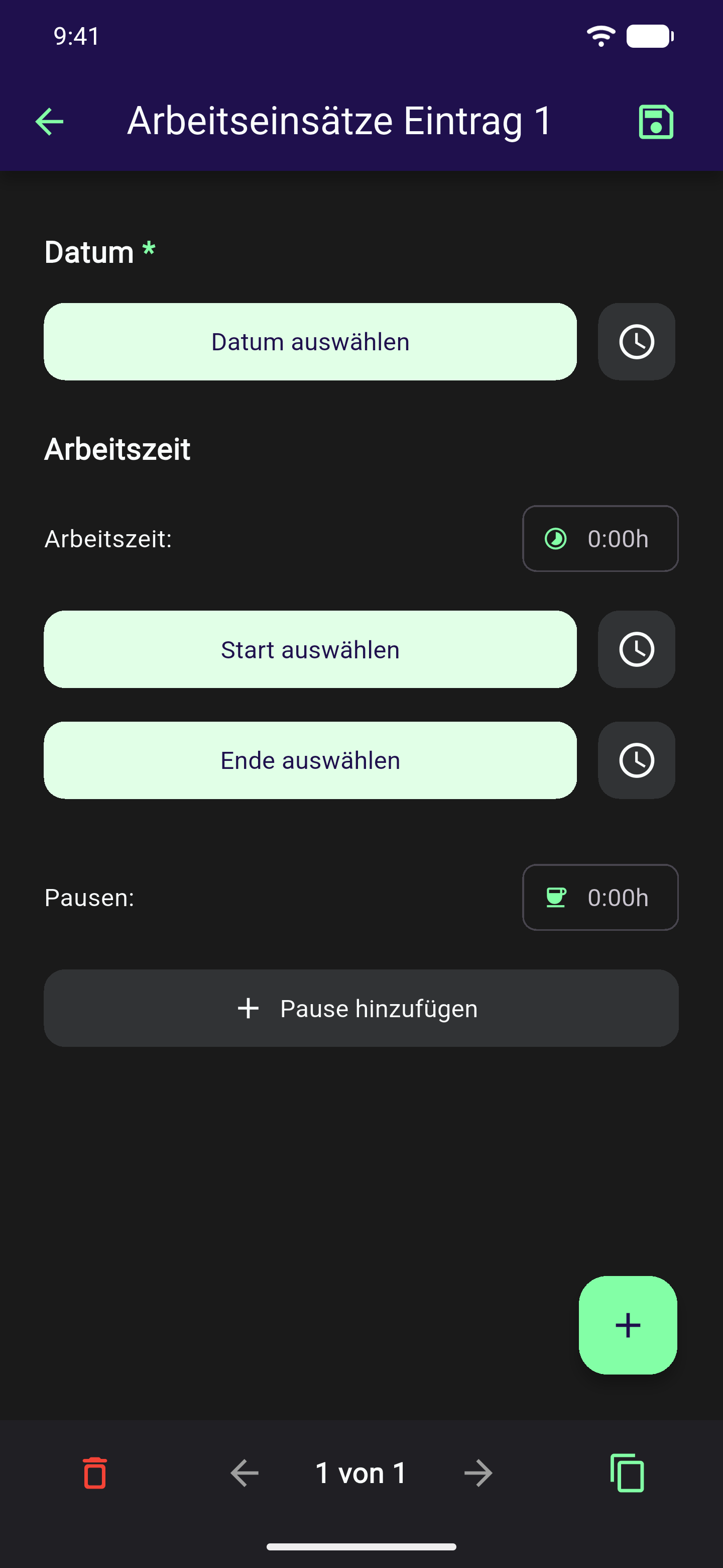 Eintrag einer Arbeitszeit-Wiederholungsgruppe mit Datumsauswahl, den Buttons Start und Ende auswählen, der berechneten Arbeitszeit und dem Button Pause hinzufügen
