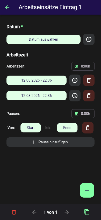 Arbeitszeit-Baustein mit eingetragener Start- und Endzeit und einer zusätzlichen Pause dazwischen