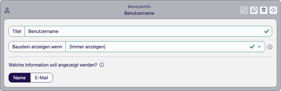 Baustein Benutzerinfo im Eigenschaften-Panel des Formular Designers mit der Auswahl Name oder E-Mail
