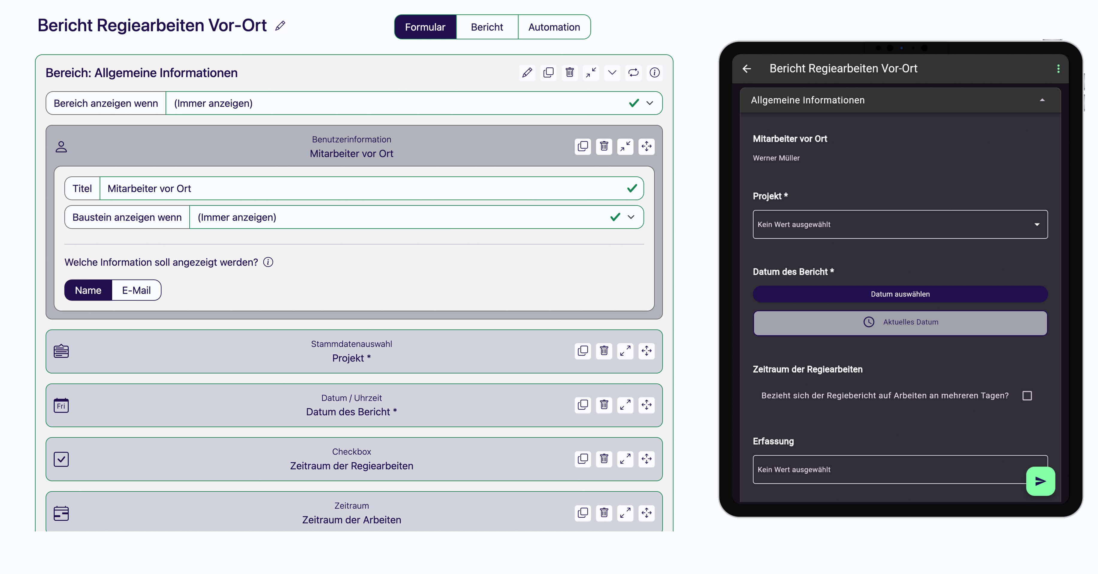 Formular-Designer mit dem Baustein Benutzerinfo (damals noch Benutzerinformation genannt) und der Auswahl zwischen Name und E-Mail, rechts daneben die App-Ansicht, in der der Name des angemeldeten Benutzers automatisch eingetragen ist