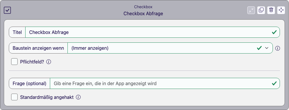Baustein Checkbox im Eigenschaften-Panel des Formular Designers