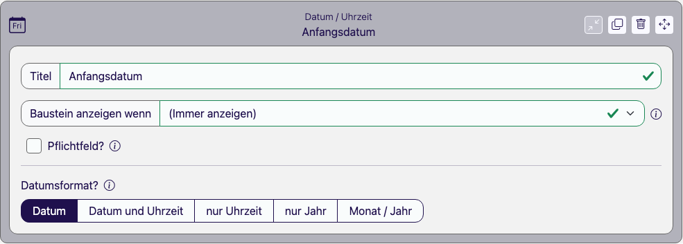 Baustein Datum / Uhrzeit im Eigenschaften-Panel des Formular Designers mit den Datumsformat-Optionen