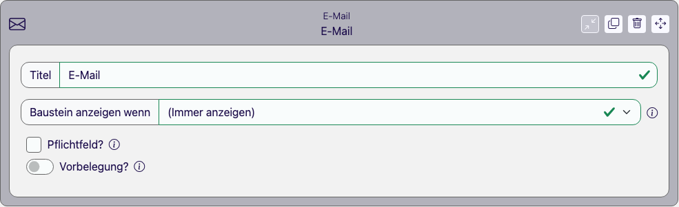 Baustein E-Mail im Eigenschaften-Panel des Formular Designers