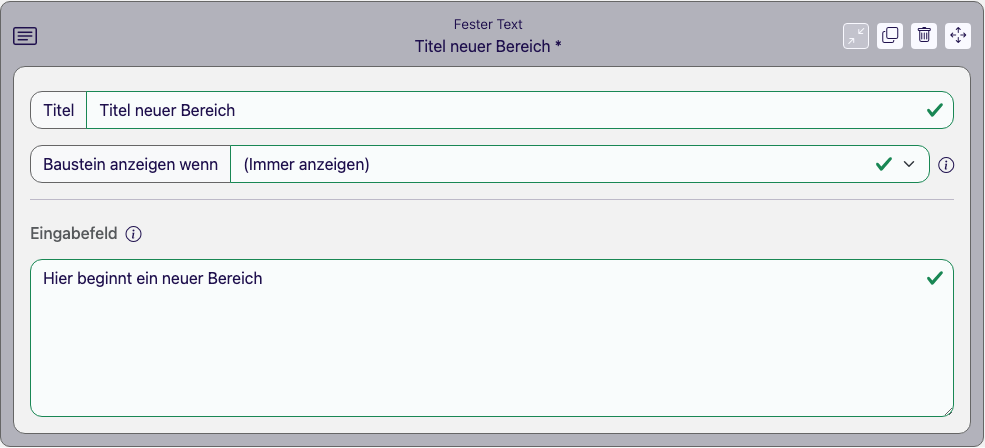 Baustein Fester Text im Eigenschaften-Panel des Formular Designers mit dem Eingabefeld für den festen Text