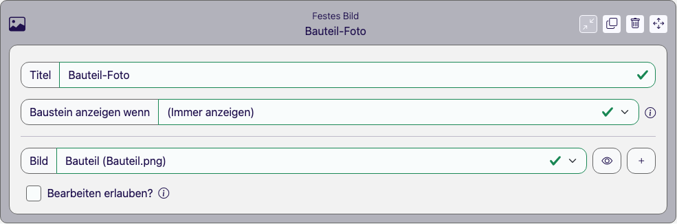Baustein Festes Bild im Eigenschaften-Panel des Formular Designers mit hochgeladenem Bauteil-Foto