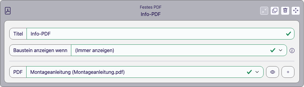 Baustein Festes PDF im Eigenschaften-Panel des Formular Designers mit hochgeladener Montageanleitung