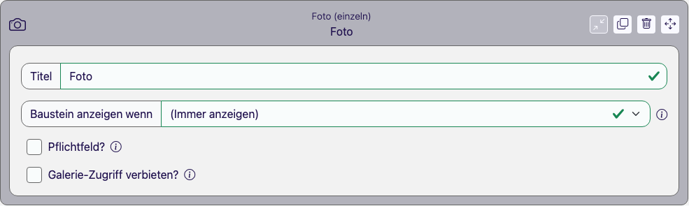 Baustein Foto (einzeln) im Eigenschaften-Panel des Formular Designers