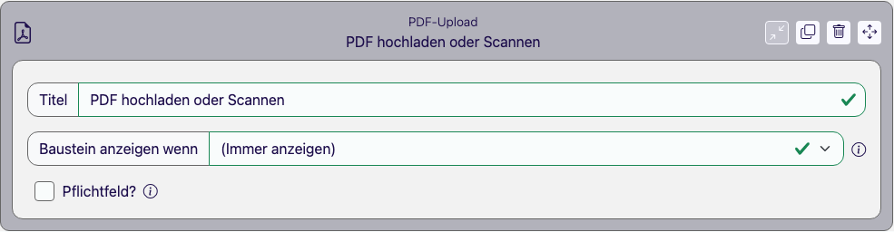 Baustein PDF-Upload im Eigenschaften-Panel des Formular Designers
