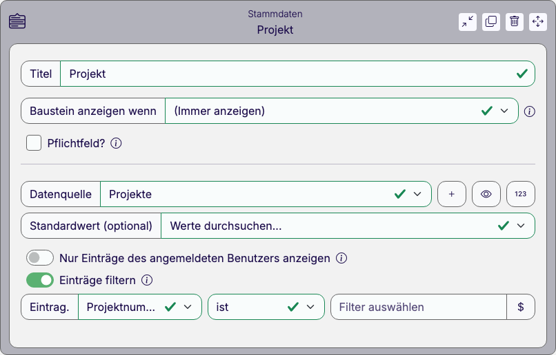 Baustein Stammdaten im Eigenschaften-Panel des Formular-Designers mit Datenquelle Projekte, dem eingeschalteten Schalter Einträge filtern und dem Badge 2 Filter aktiv