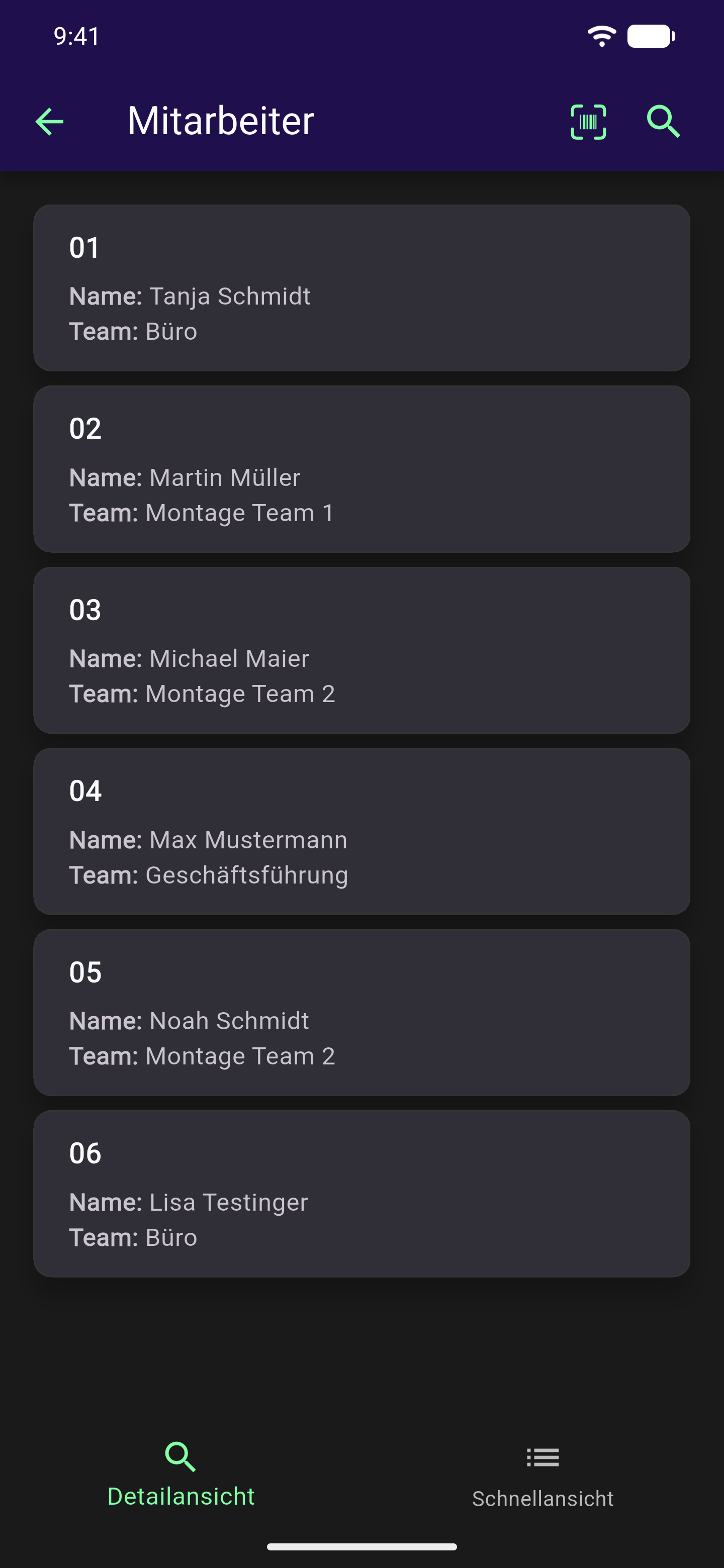 Stammdaten-Baustein "Mitarbeiter" mit geöffneter Suchseite und Trefferliste (Name und Team je Eintrag)