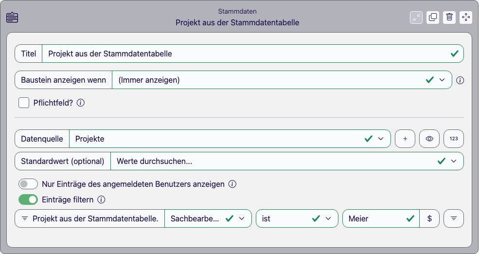 Baustein Stammdaten im Eigenschaften-Panel des Formular Designers mit Datenquelle Projekte und einer Filterbedingung