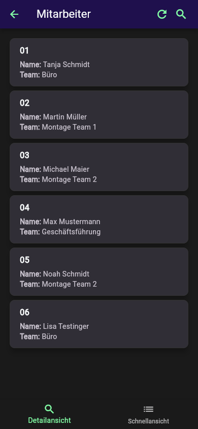 Stammdaten-Baustein "Mitarbeiter" mit geöffneter Suchseite und Trefferliste (Name und Team je Eintrag)
