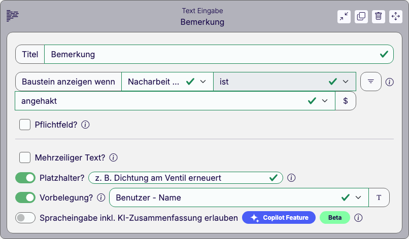 Baustein Text Eingabe im Eigenschaften-Panel des Formular-Designers mit den Schaltern Mehrzeiliger Text?, Platzhalter? und Vorbelegung?, in der Vorbelegung die Metavariable Benutzer - Name
