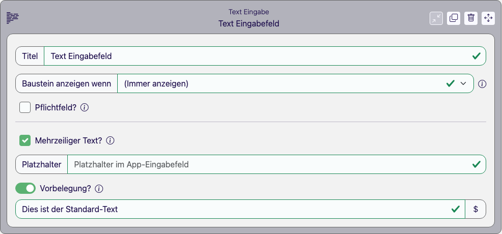 Baustein Text Eingabe im Eigenschaften-Panel des Formular Designers
