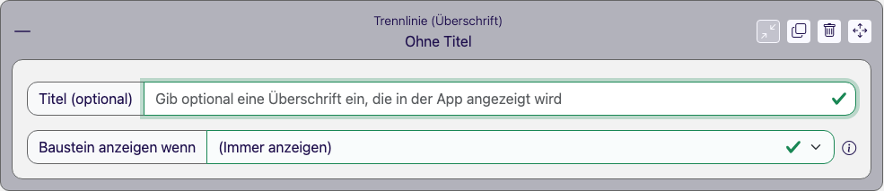 Baustein Trennlinie (Überschrift) im Eigenschaften-Panel des Formular Designers mit optionalem Titel