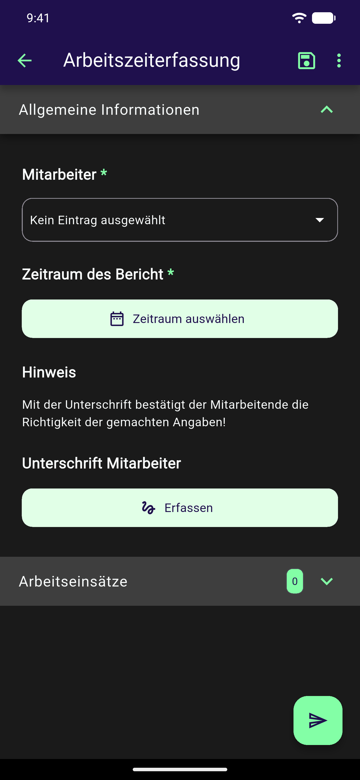 Geöffnetes Formular Arbeitszeiterfassung mit mehreren unterschiedlichen Bausteinen untereinander: Stammdaten-Auswahl "Mitarbeiter", Zeitraum-Button und Unterschrift-Button