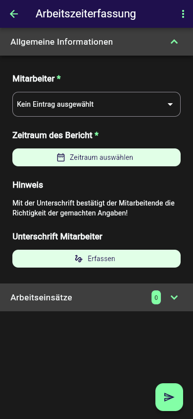 Geöffnetes Formular Arbeitszeiterfassung mit mehreren unterschiedlichen Bausteinen untereinander: Stammdaten-Auswahl "Mitarbeiter", Zeitraum-Button und Unterschrift-Button