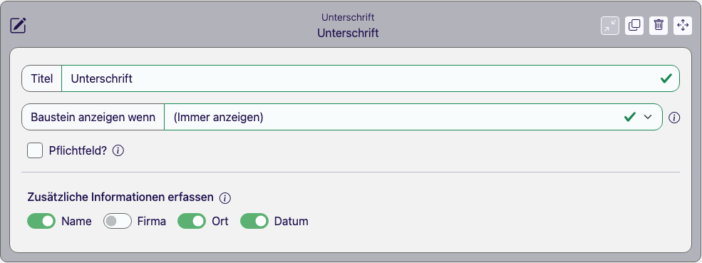 Baustein Unterschrift im Eigenschaften-Panel des Formular Designers mit den Zusatzfeldern Name, Firma, Ort und Datum