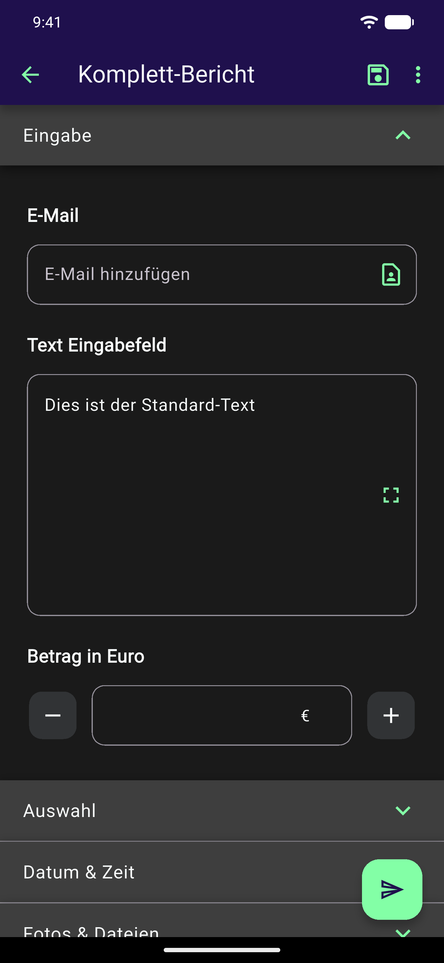 Bereich "Eingabe" eines Formulars mit E-Mail-Feld, mehrzeiligem Text-Eingabefeld samt Vollbild-Symbol und dem Zahleneingabe-Baustein "Betrag in Euro" mit Minus- und Plus-Button